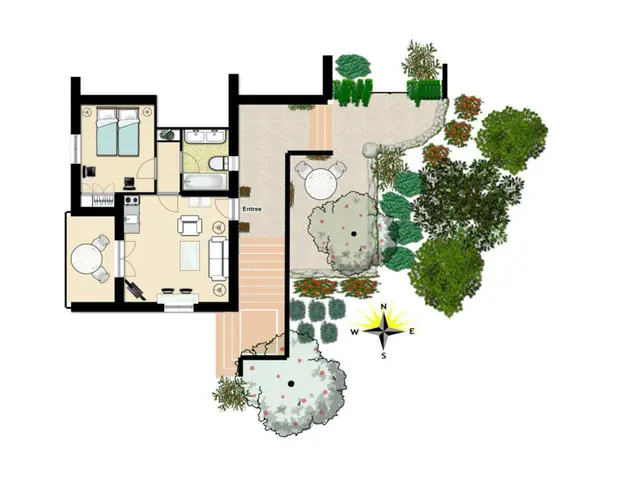Plattegrond van het appartement met slaapkamer, badkamer, woonkamer, loggia en terras