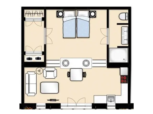 Plattegrond van de studio met zithoek, keuken, eettafel, slaapgedeelte, garderobe en badkamer